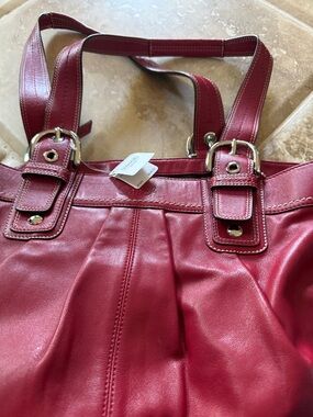 Coach Crimson Leather Tote with Buckle Accents